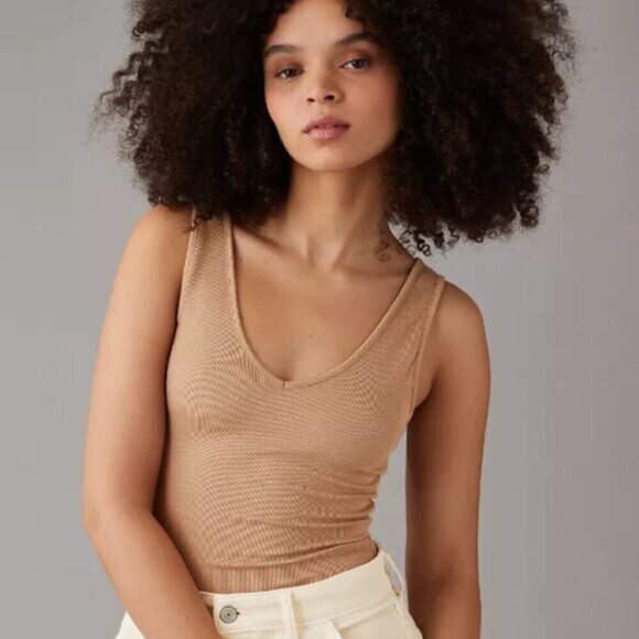 NWT American Eagle Ribbed V Neck Brown Thong Bodysuit - Picture 1 of 6